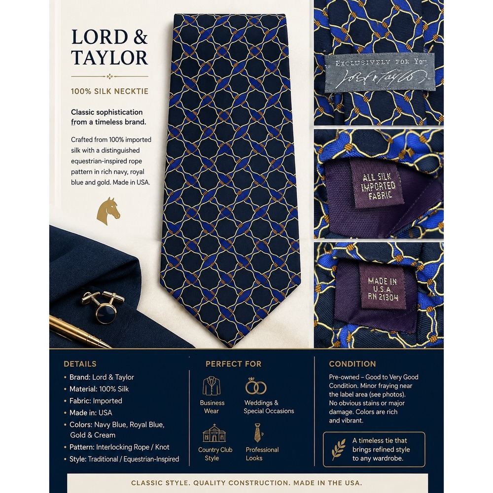 Lord & Taylor Men's 100% Silk Necktie Navy Blue Gold Rope Geometric Vintage